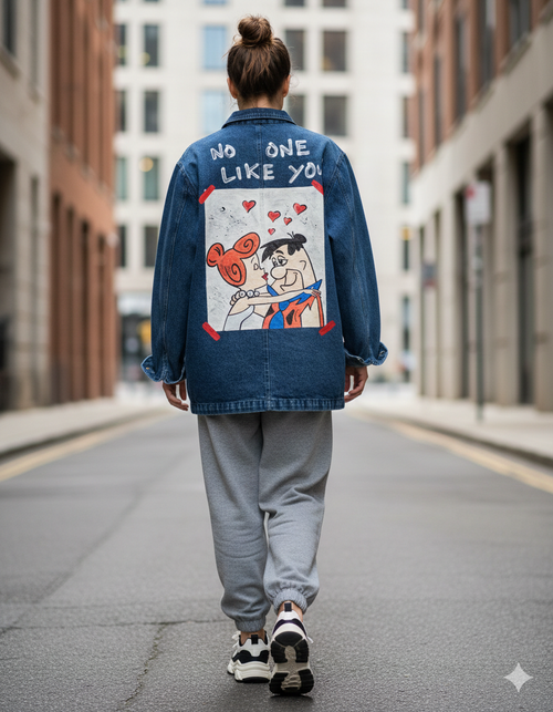 Giacca Denim "Casucci" Vintage Anni '80 Custom dipinta a mano Tema Flintstones